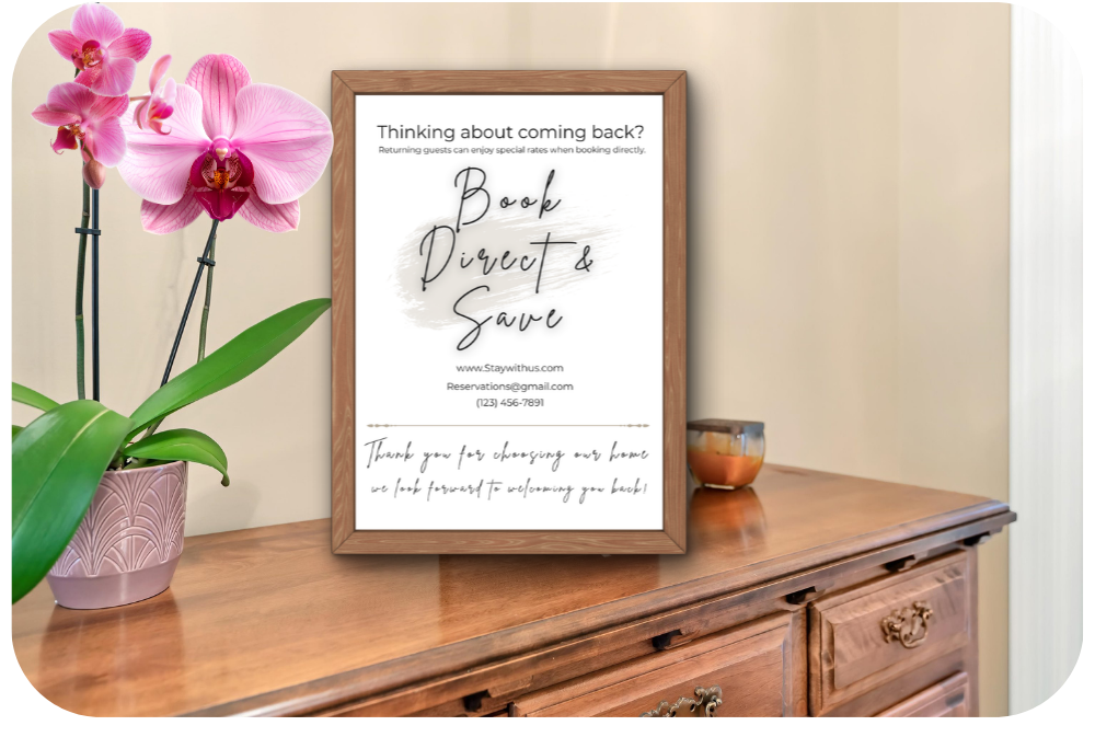 Book Direct and Save sign for Airbnb displayed framed on a console table