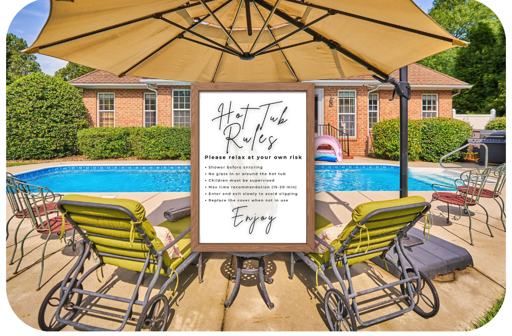 Hot Tub Rules sign displayed poolside at Airbnb vacation rental