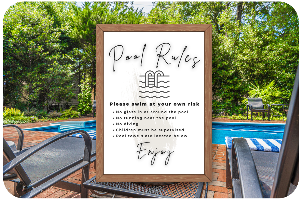 Pool Rules sign displayed poolside at Airbnb vacation rental