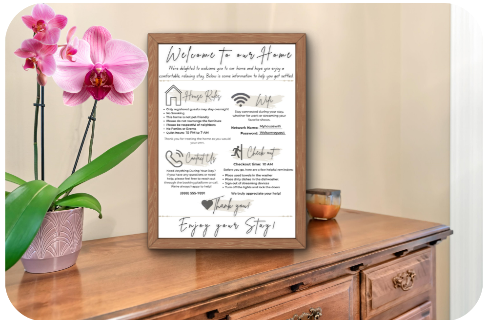 Airbnb Welcome Sign printable displayed framed on a console table