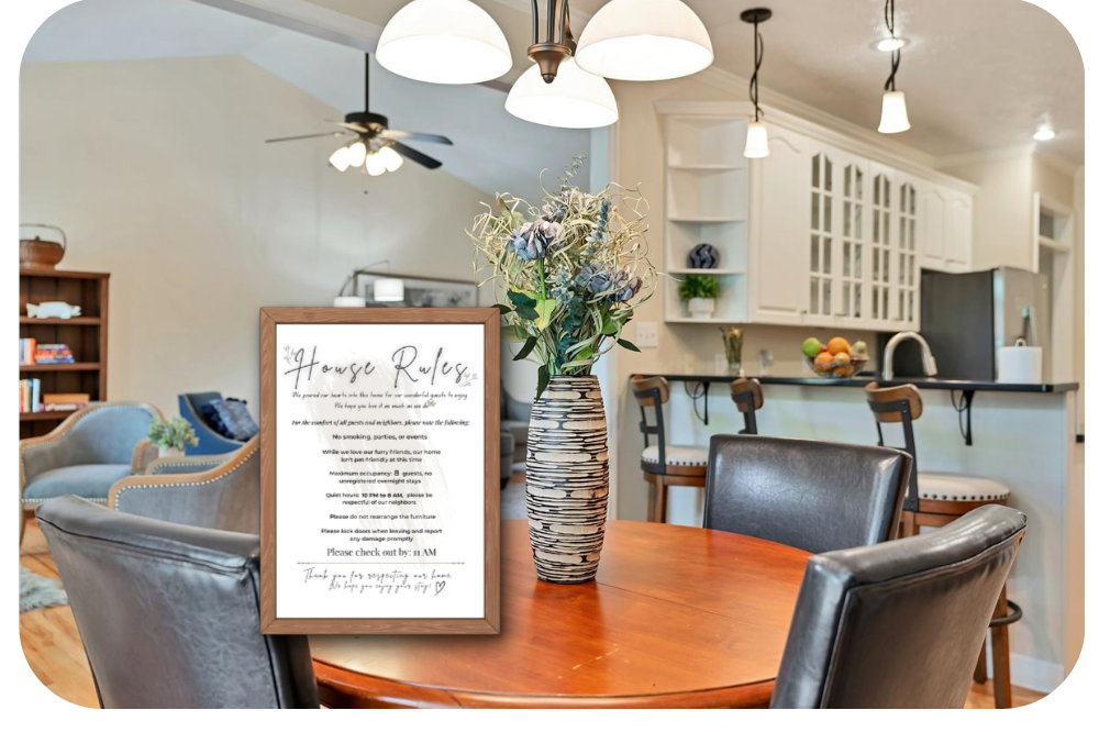 Airbnb House Rules sign displayed framed on a dining table