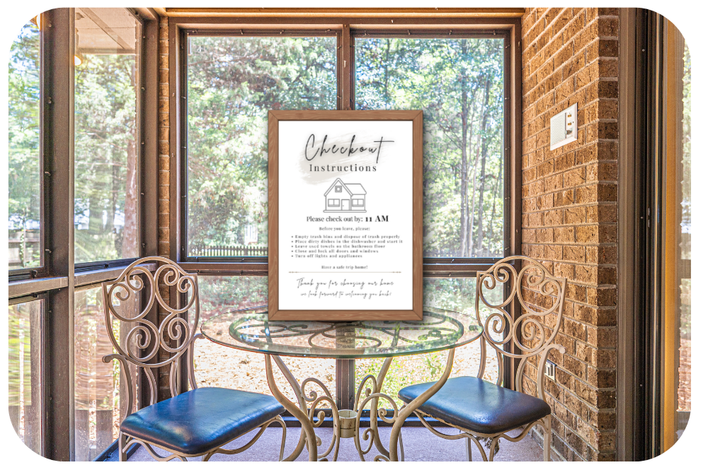 Checkout Instructions sign for Airbnb displayed framed in a sunroom