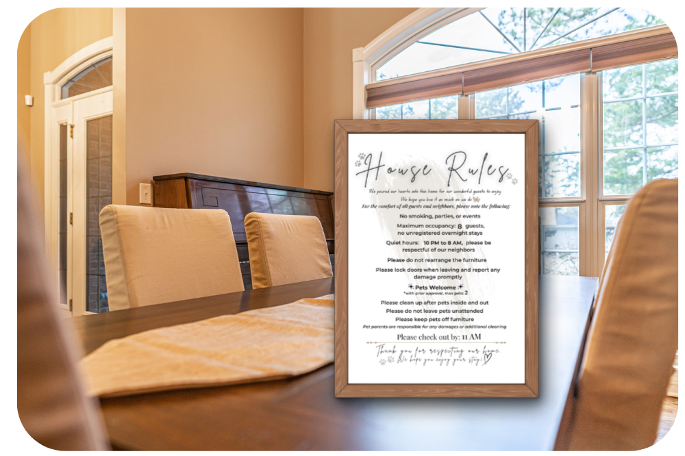 Pet Friendly Airbnb House Rules sign displayed framed on a dining table with natural light